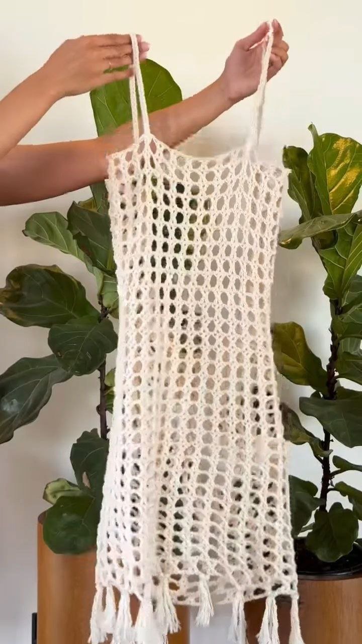 Ivory Handwoven Crochet Mesh Tassel Cover-Up Dress - Image 2