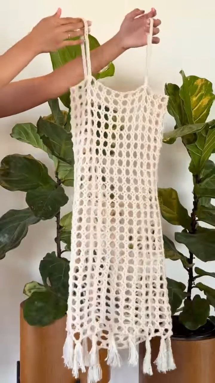 Ivory Handwoven Crochet Mesh Tassel Cover-Up Dress