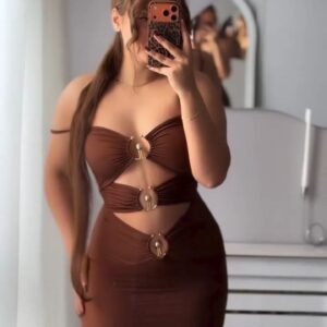 Chocolate Brown Cut-Out Ring Detail Two-Piece Skirt Set