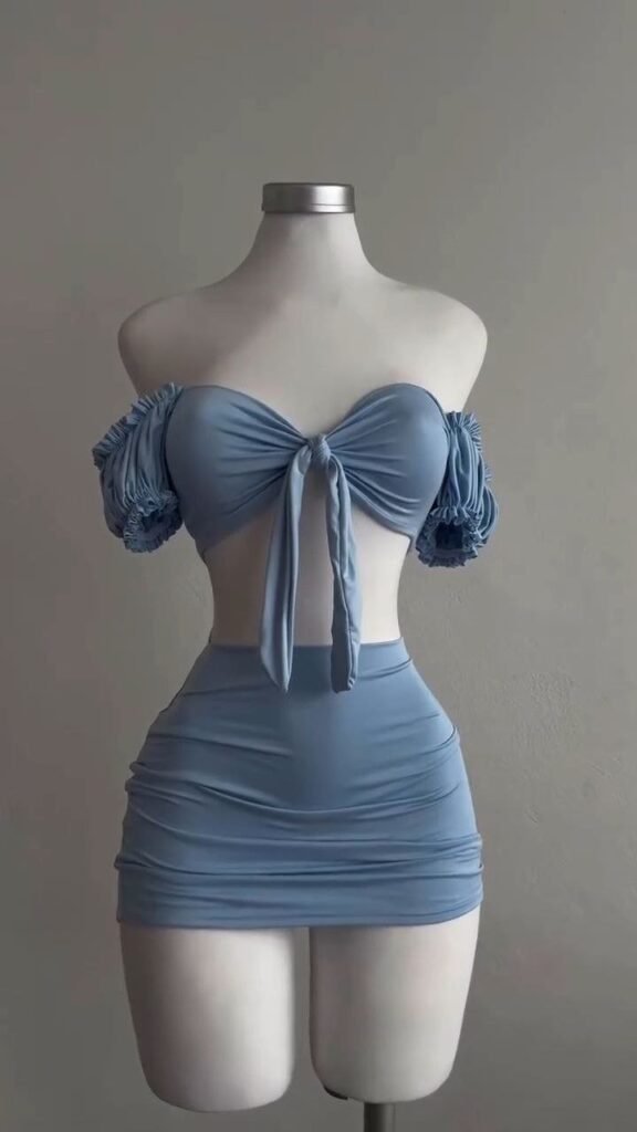 Powder Blue Off-Shoulder Ruched Two-Piece Set - Photo 2