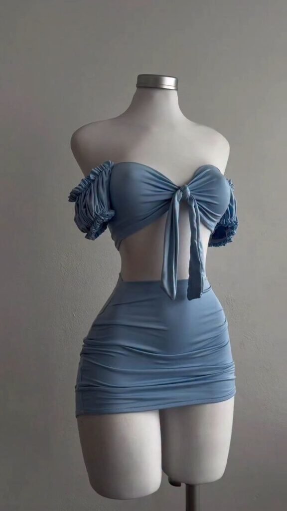 Powder Blue Off-Shoulder Ruched Two-Piece Set - Photo 3