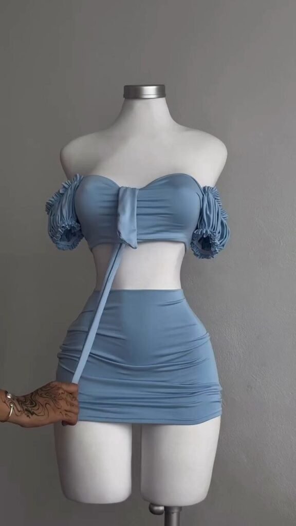 Powder Blue Off-Shoulder Ruched Two-Piece Set - Photo 1