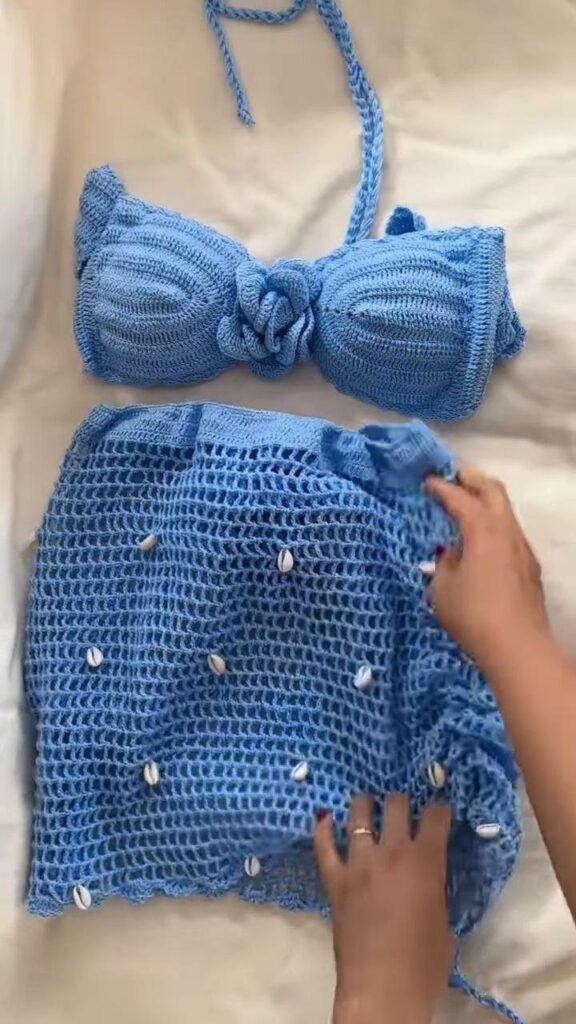 Sky Blue Crochet Bandeau Bikini Set with Shell Detail Skirt - Photo 1
