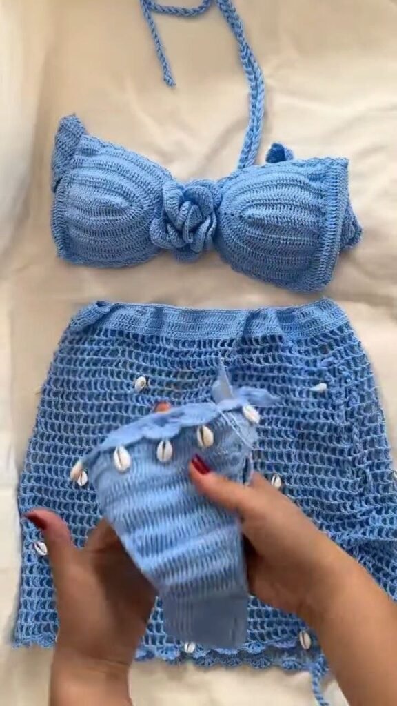 Sky Blue Crochet Bandeau Bikini Set with Shell Detail Skirt - Photo 3