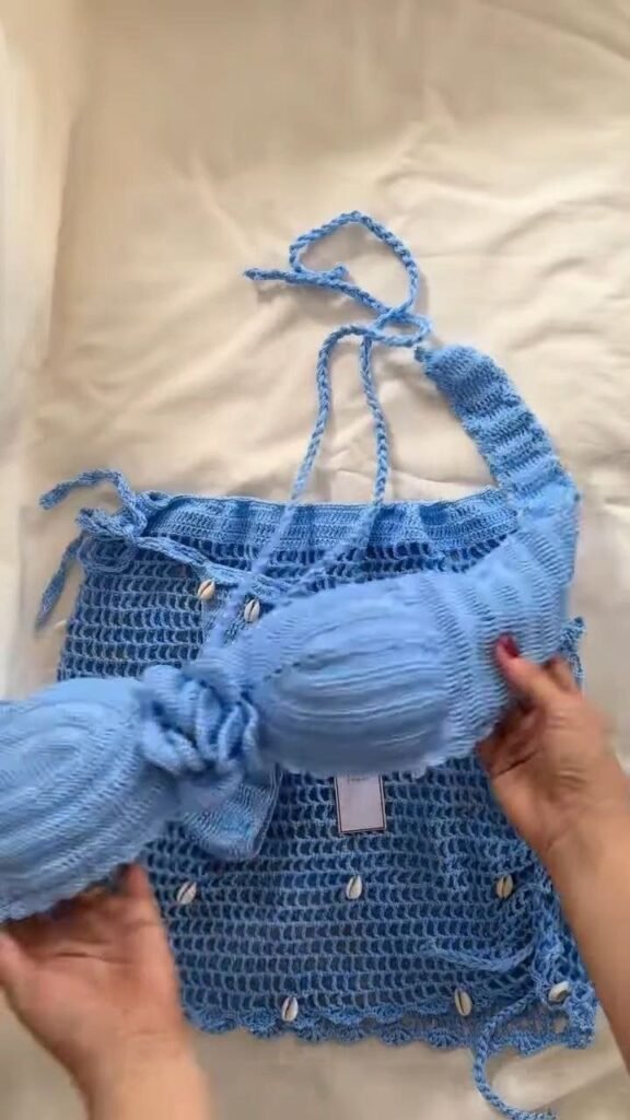 Sky Blue Crochet Bandeau Bikini Set with Shell Detail Skirt - Photo 4
