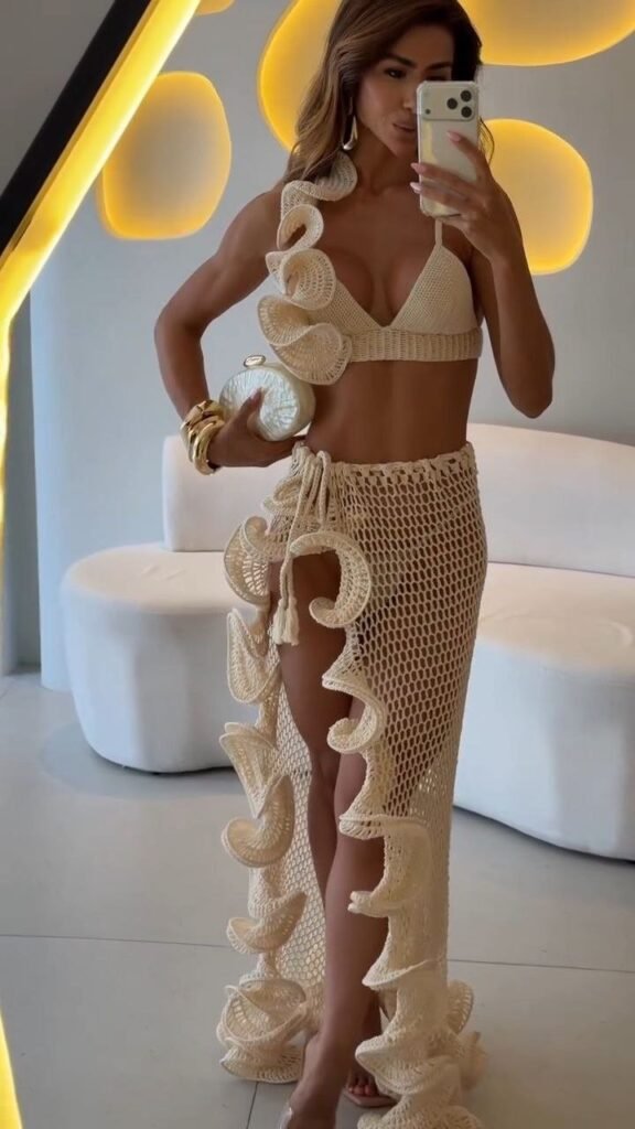 Ivory Crochet Bikini Set with Statement Ruffle Wrap Skirt - Photo 1