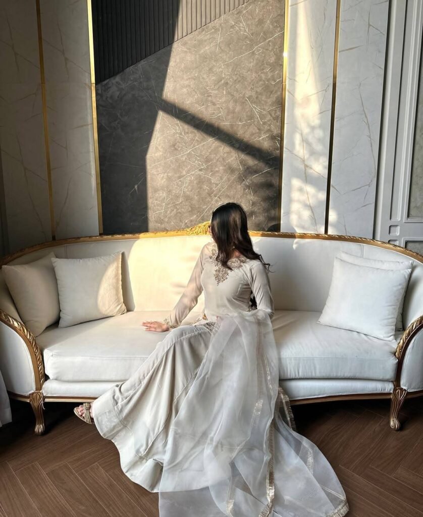 Off-White Korean Satin Silk Sharara Suit with Heavy Beadwork - Photo 3