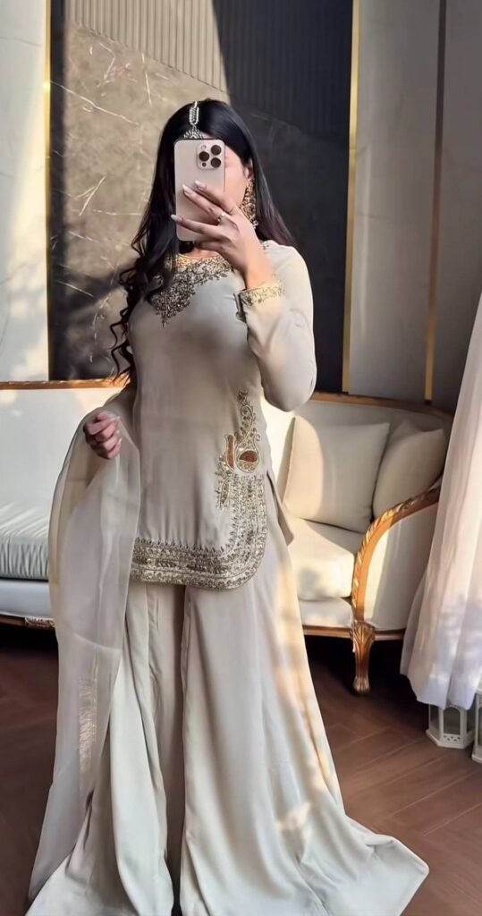 Off-White Korean Satin Silk Sharara Suit with Heavy Beadwork - Photo 2