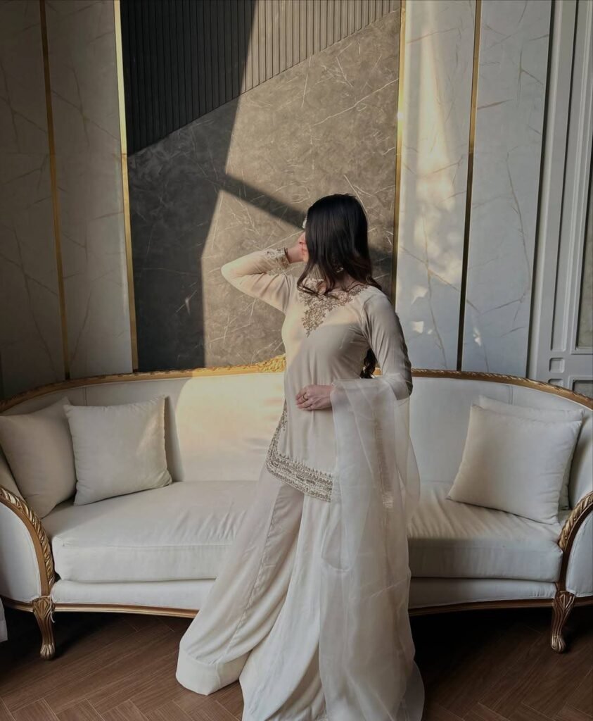 Off-White Korean Satin Silk Sharara Suit with Heavy Beadwork - Photo 1