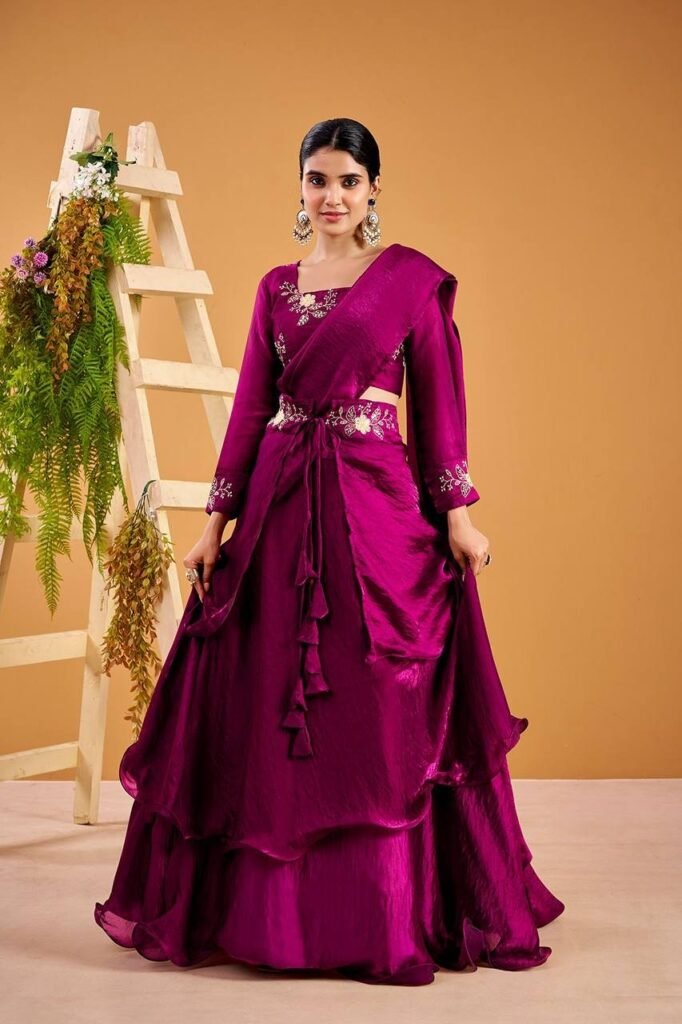 Magenta Layered Lehenga Set with Embroidered Blouse - Photo 1
