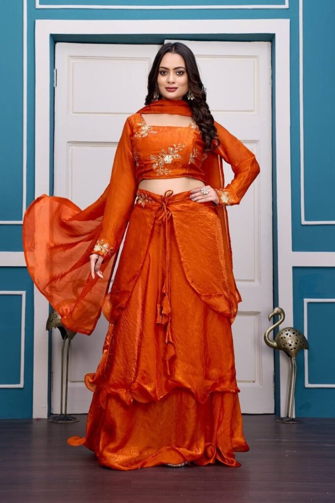 Magenta Layered Lehenga Set with Embroidered Blouse - Photo 3
