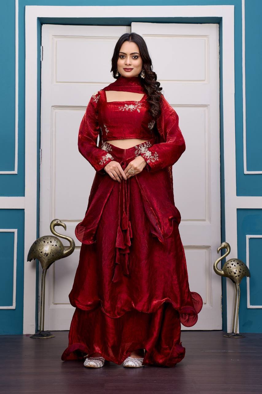 Magenta Layered Lehenga Set with Embroidered Blouse - Image 2