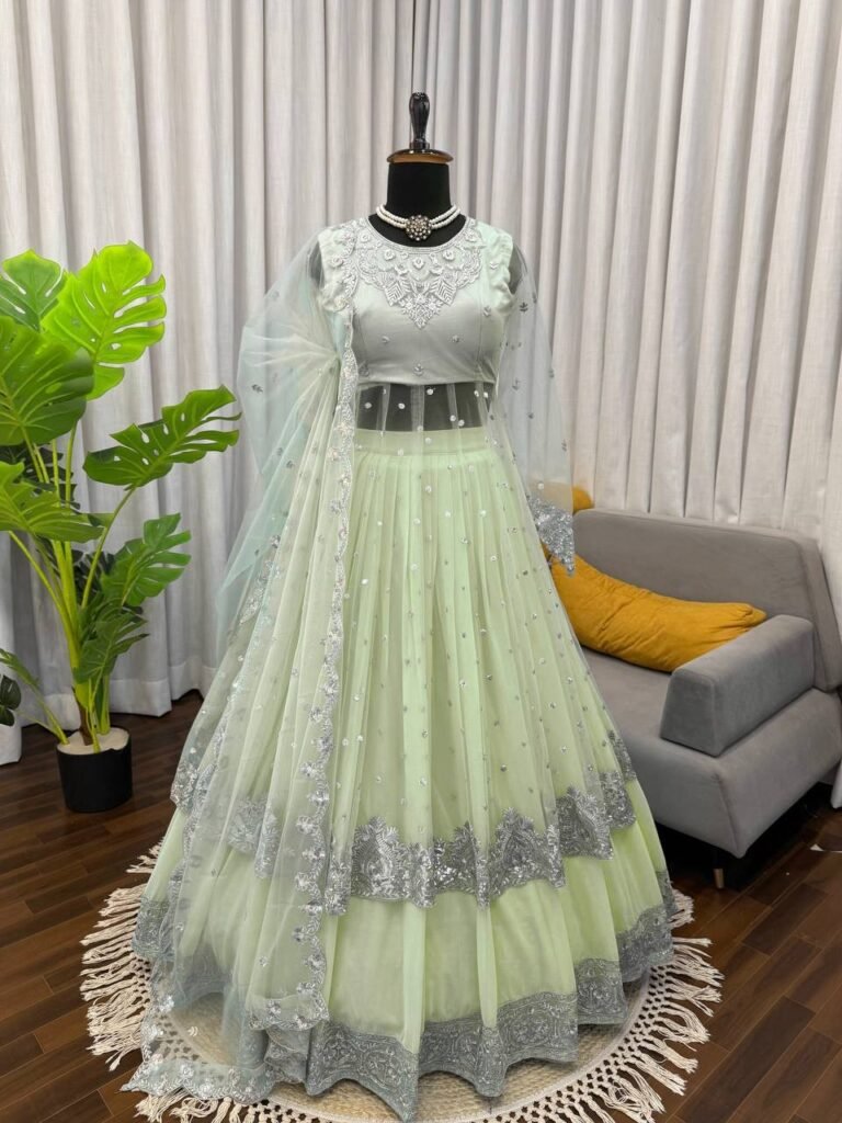 Pista Green Embroidered Gown with Lehenga and Dupatta Set - Photo 2