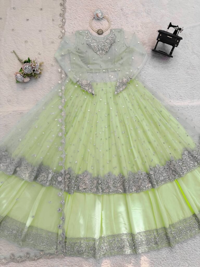 Pista Green Embroidered Gown with Lehenga and Dupatta Set - Photo 3