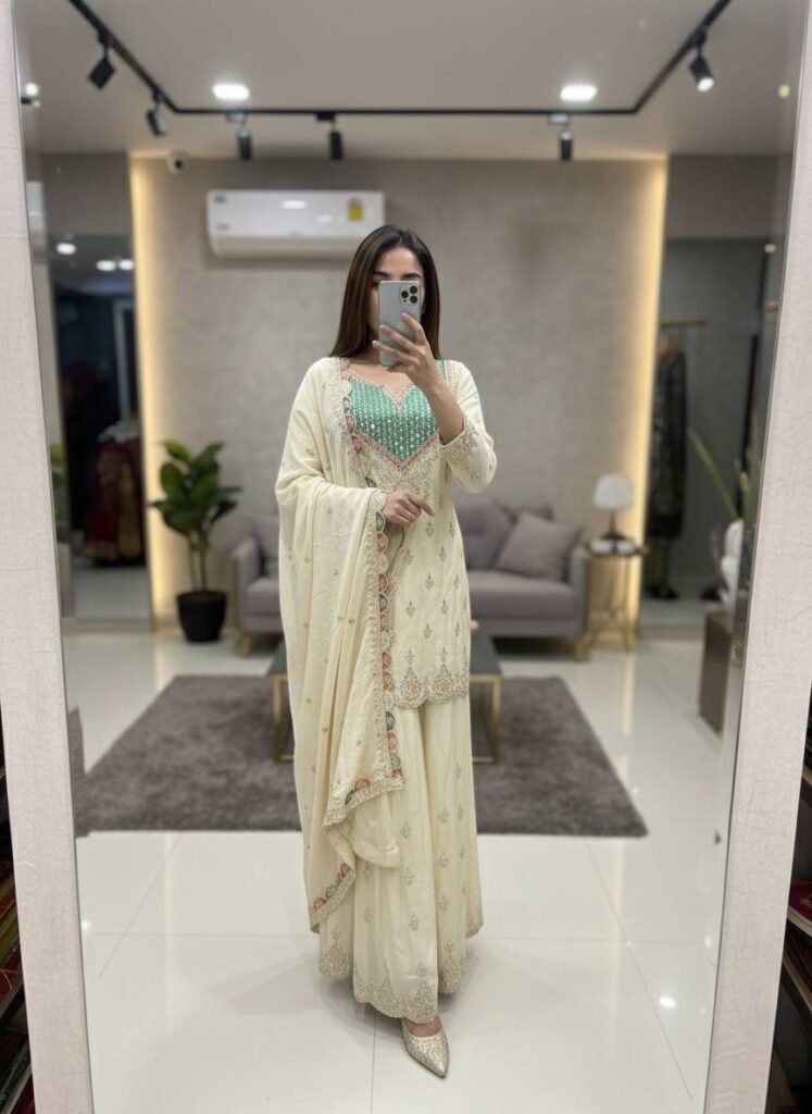 Ivory Embroidered Kurta Sharara Set with Pastel Dupatta - Photo 2