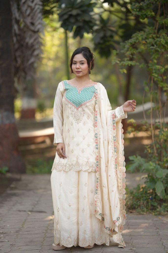 Ivory Embroidered Kurta Sharara Set with Pastel Dupatta - Photo 1