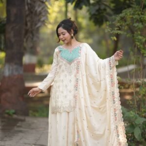 Ivory Embroidered Kurta Sharara Set with Elegant Dupatta