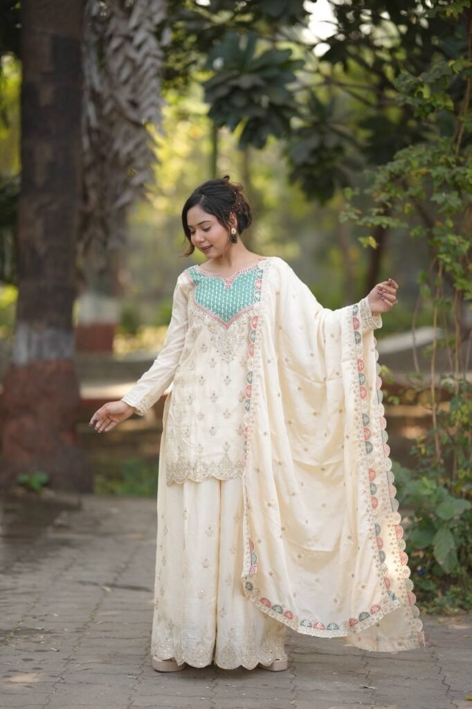 Ivory Embroidered Kurta Sharara Set with Elegant Dupatta - Photo 1