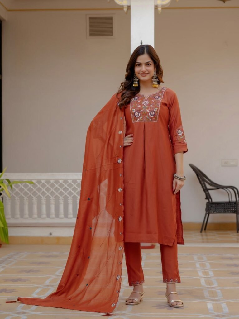 Pure Viscose Mango Silk Embroidered Kurta Set - Photo 1