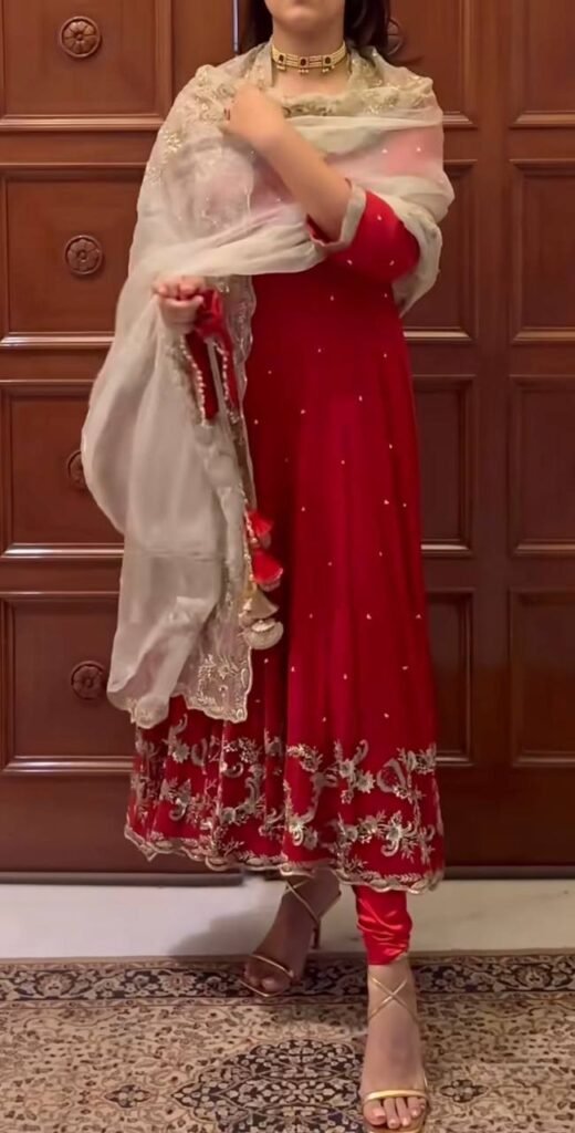 Red Embroidered Anarkali Suit with Organza Dupatta - Photo 2