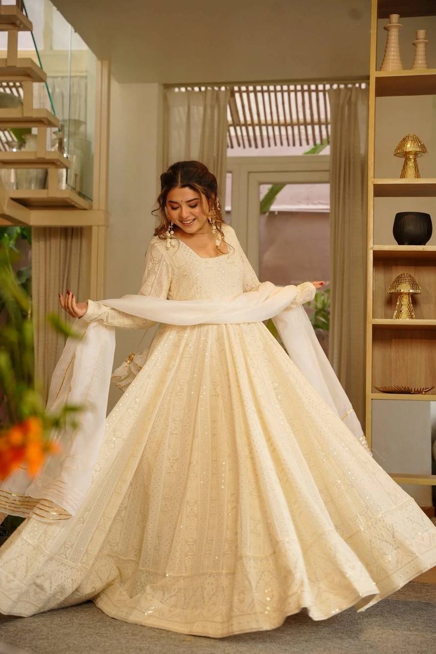 Elegant Ivory Embroidered Anarkali Gown Set