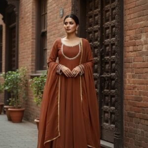 Elegant Rust Anarkali Dress with Embellished Neckline
