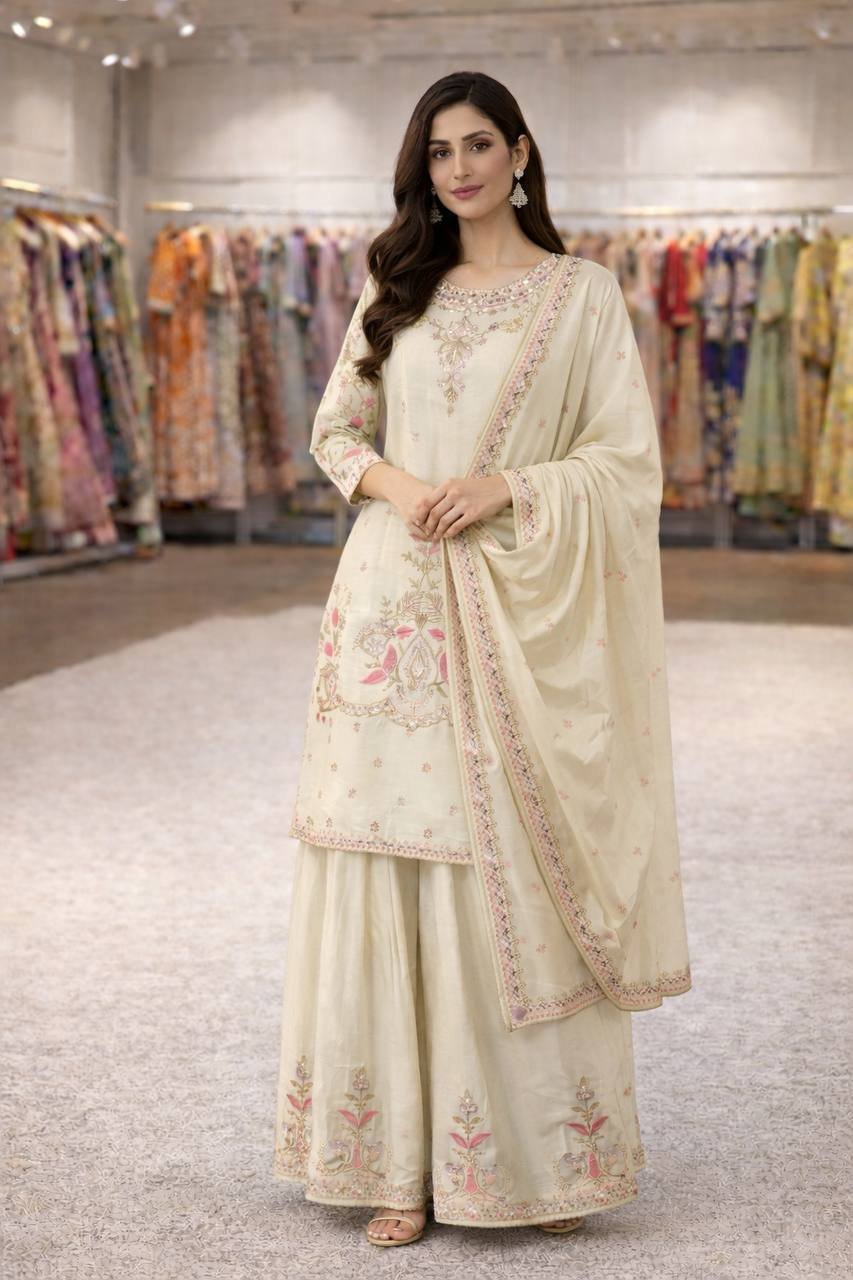Ivory Embroidered Kurta Set with Sharara and Dupatta