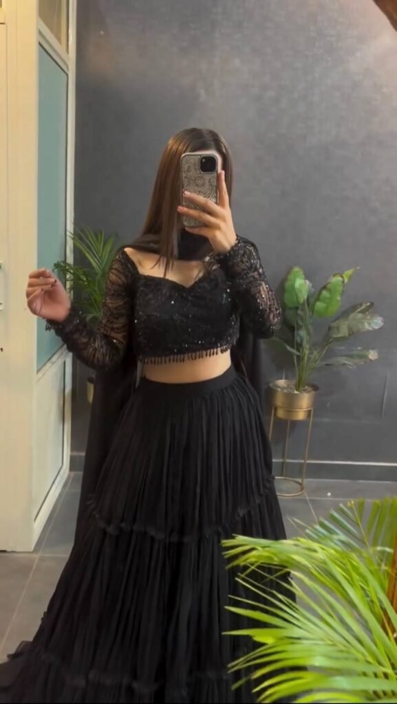 Midnight Black Ruffle Style Lehenga Choli Set with Sequence Work - Photo 3