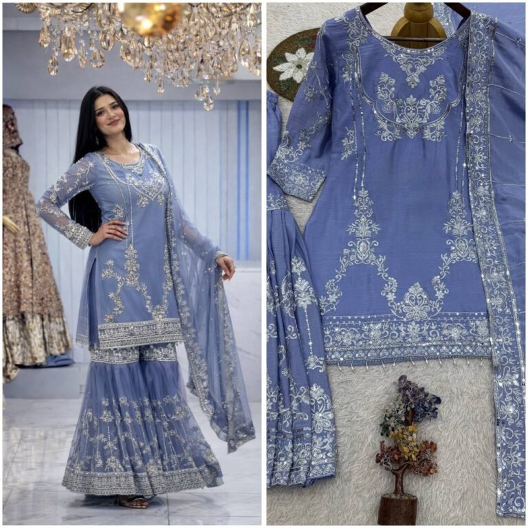 Powder Blue Chinon Sharara Suit with Sequence Work