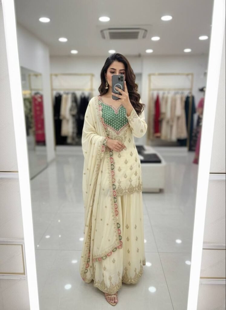 Ivory Embroidered Kurta Sharara Set with Pastel Dupatta - Photo 4