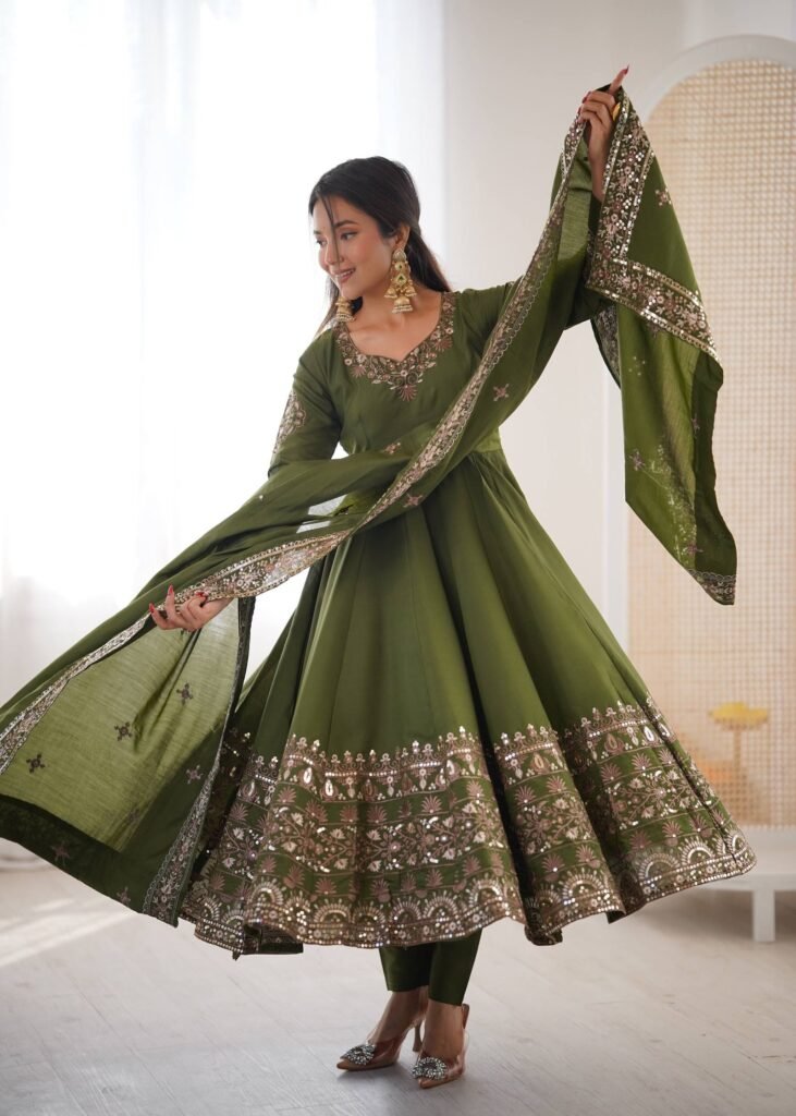 Mehendi Green Roman Silk Embroidered Anarkali Set - Photo 1