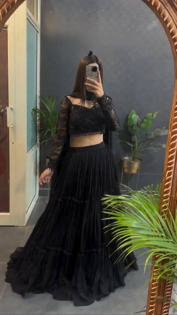 Midnight Black Ruffle Style Lehenga Choli Set with Sequence Work - Photo 1