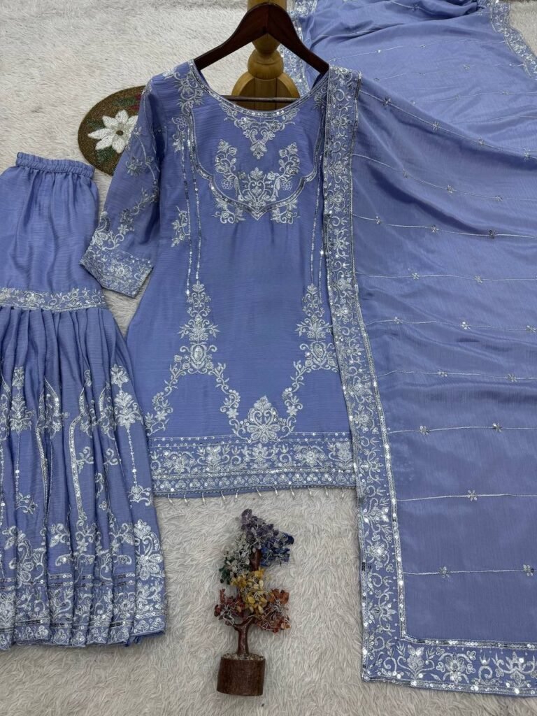Powder Blue Chinon Sharara Suit with Sequence Work - Photo 2