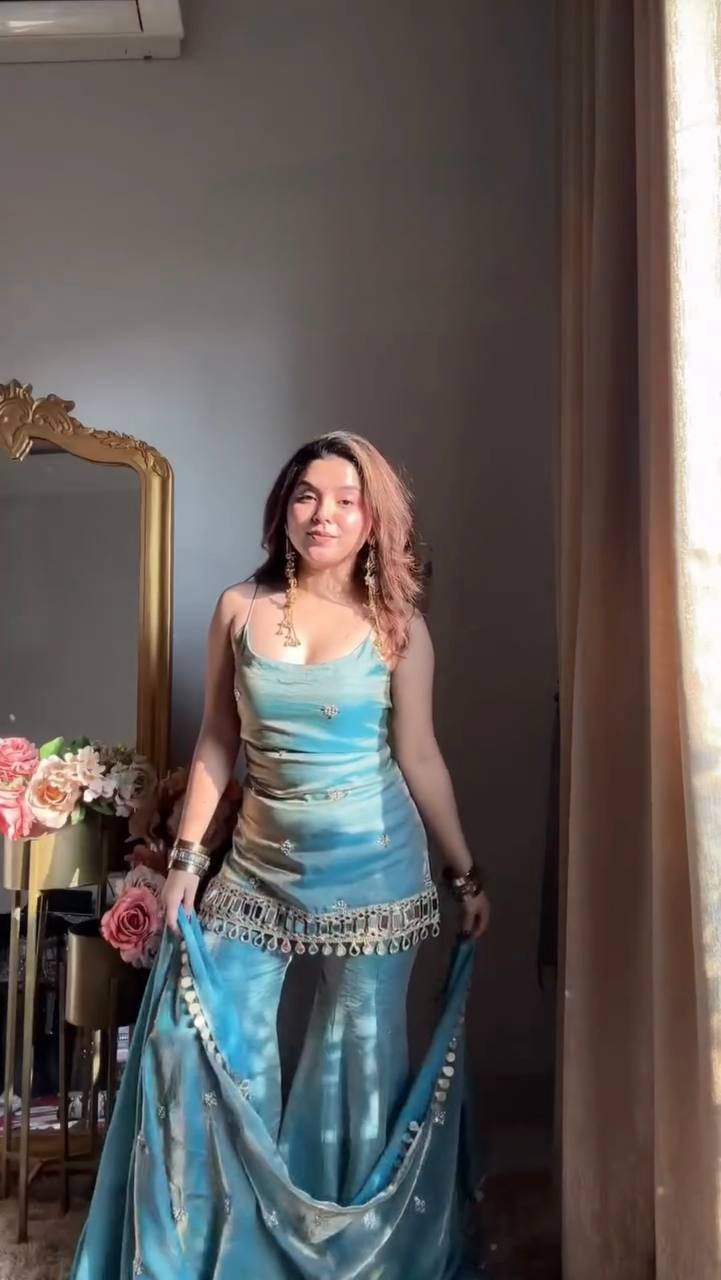 Teal Mirror-Embellished Kurta Set with Flared Pants and Dupatta - Image 4