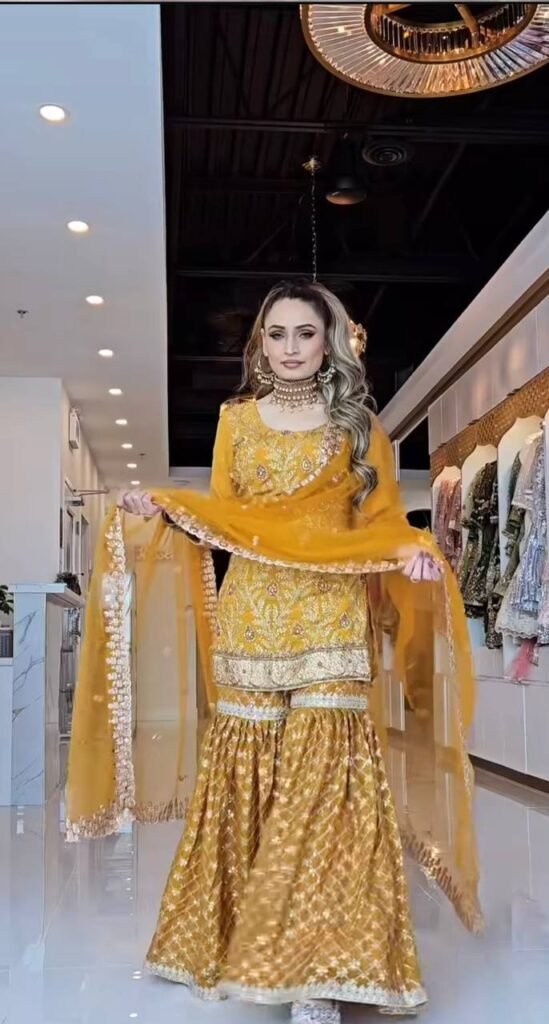 Mustard Yellow Embroidered Sharara Suit with Dupatta - Photo 1