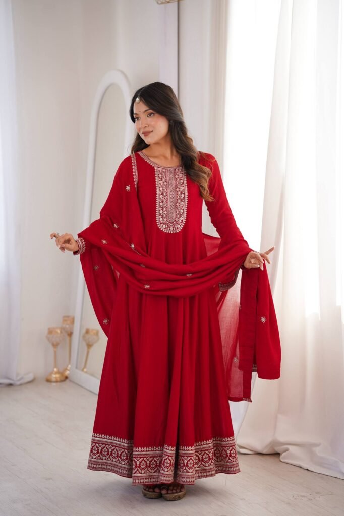 Red Embroidered Anarkali Suit with Dupatta - Photo 2