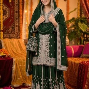 Emerald Embroidered Kurta Sharara Set with Dupatta & Potli Bag