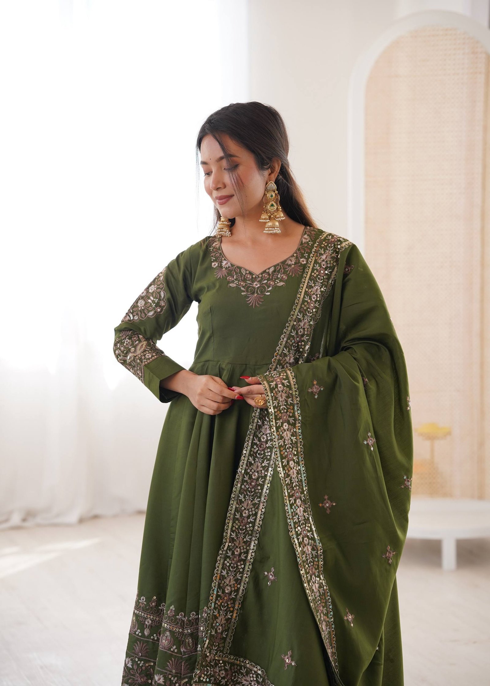 Mehendi Green Roman Silk Embroidered Anarkali Set - Image 3