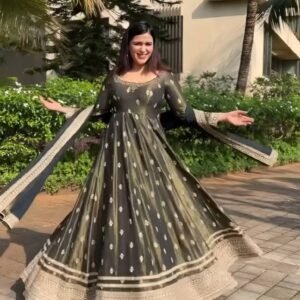 Elegant Olive Green Anarkali Gown with Zari Border
