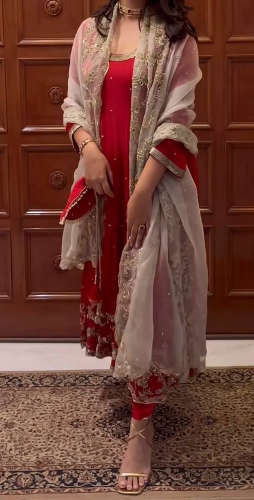 Red Embroidered Anarkali Suit with Organza Dupatta - Photo 1