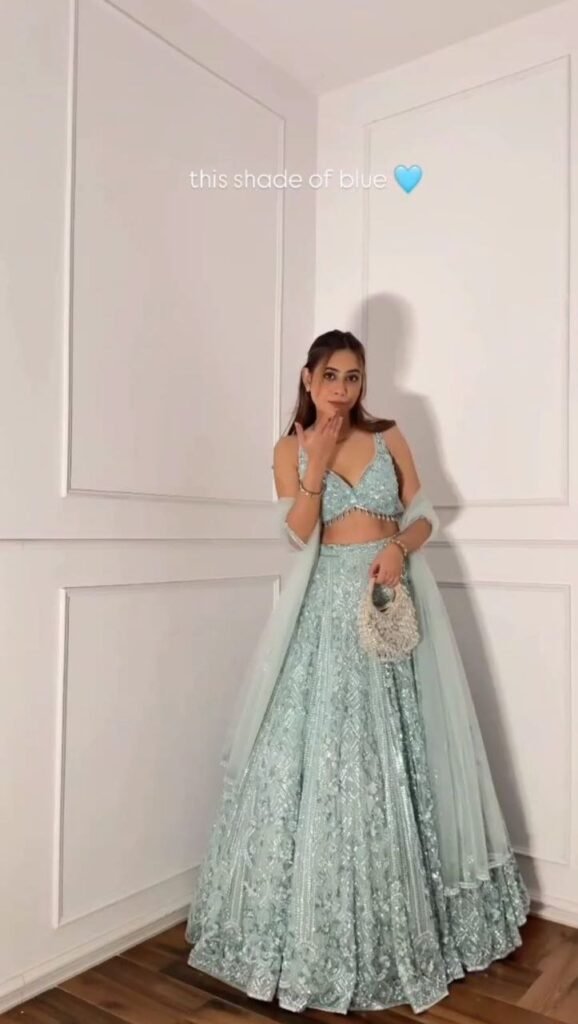 Sky Blue Sequins and Resham Embroidered Net Lehenga Choli Set - Photo 1