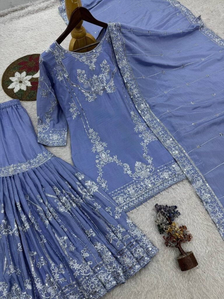 Powder Blue Chinon Sharara Suit with Sequence Work - Photo 3