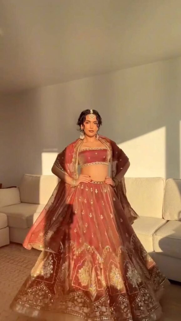Dusty Rose Embroidered Lehenga Set with Sheer Dupatta - Photo 3