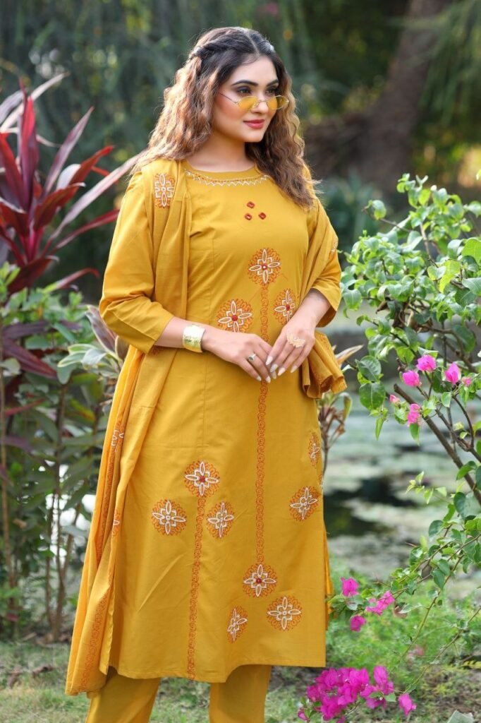 Mustard Pure Cotton Real Mirror Work A-Line Kurti Set - Photo 1