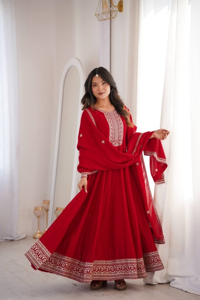 Red Embroidered Anarkali Suit with Dupatta - Photo 1