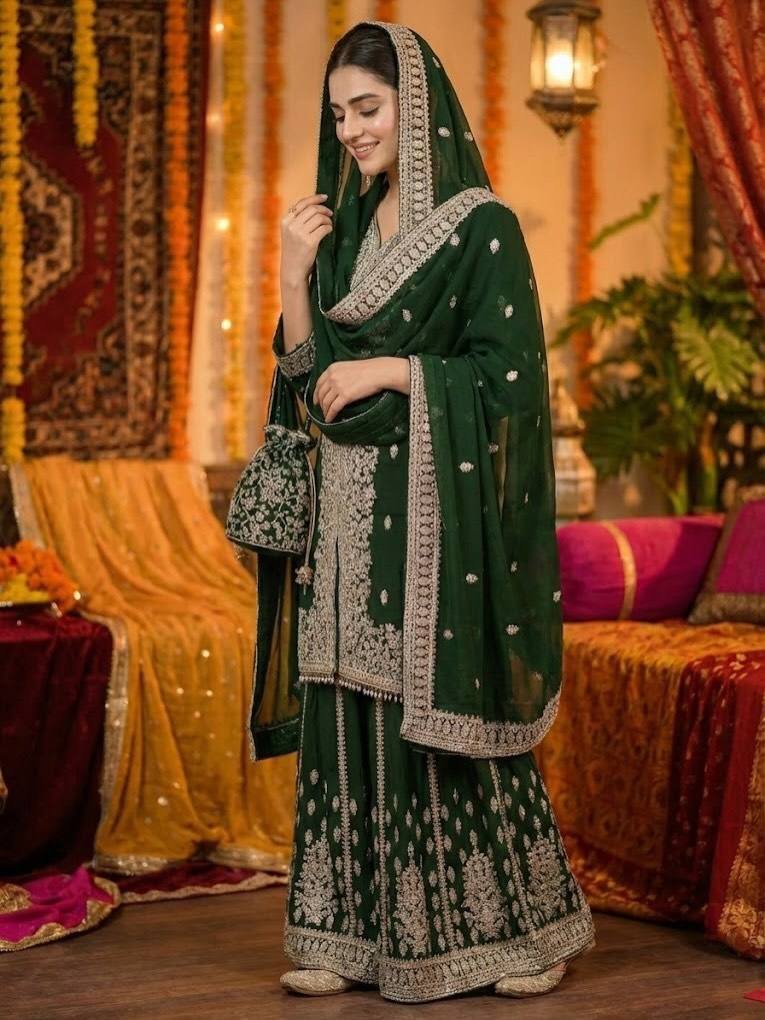 Emerald Embroidered Kurta Sharara Set with Dupatta & Potli Bag - Image 3