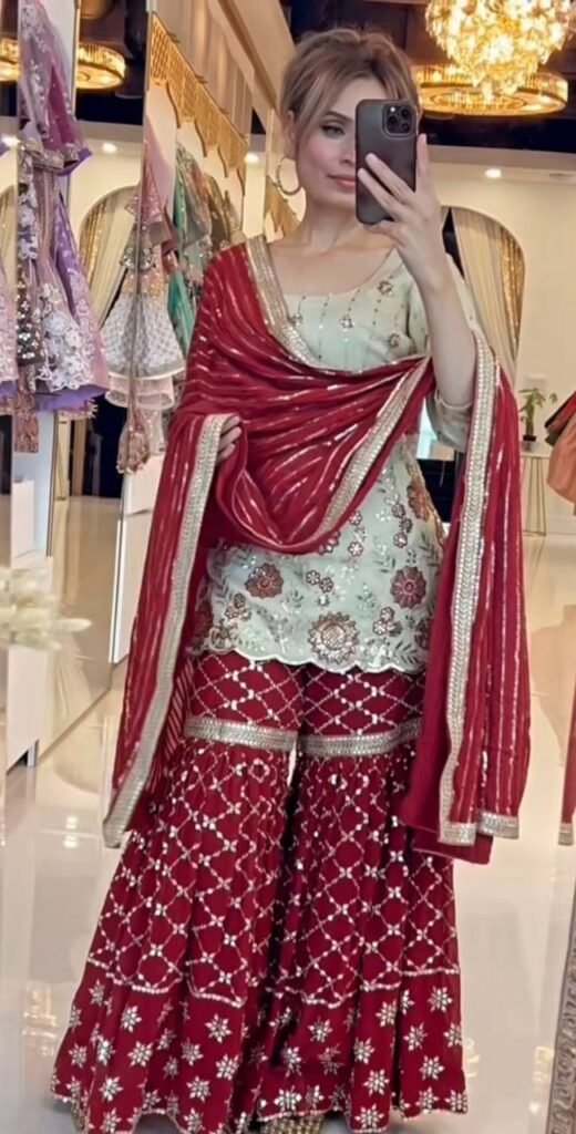 Designer Chinon Silk Embroidered Sharara Suit - Photo 2