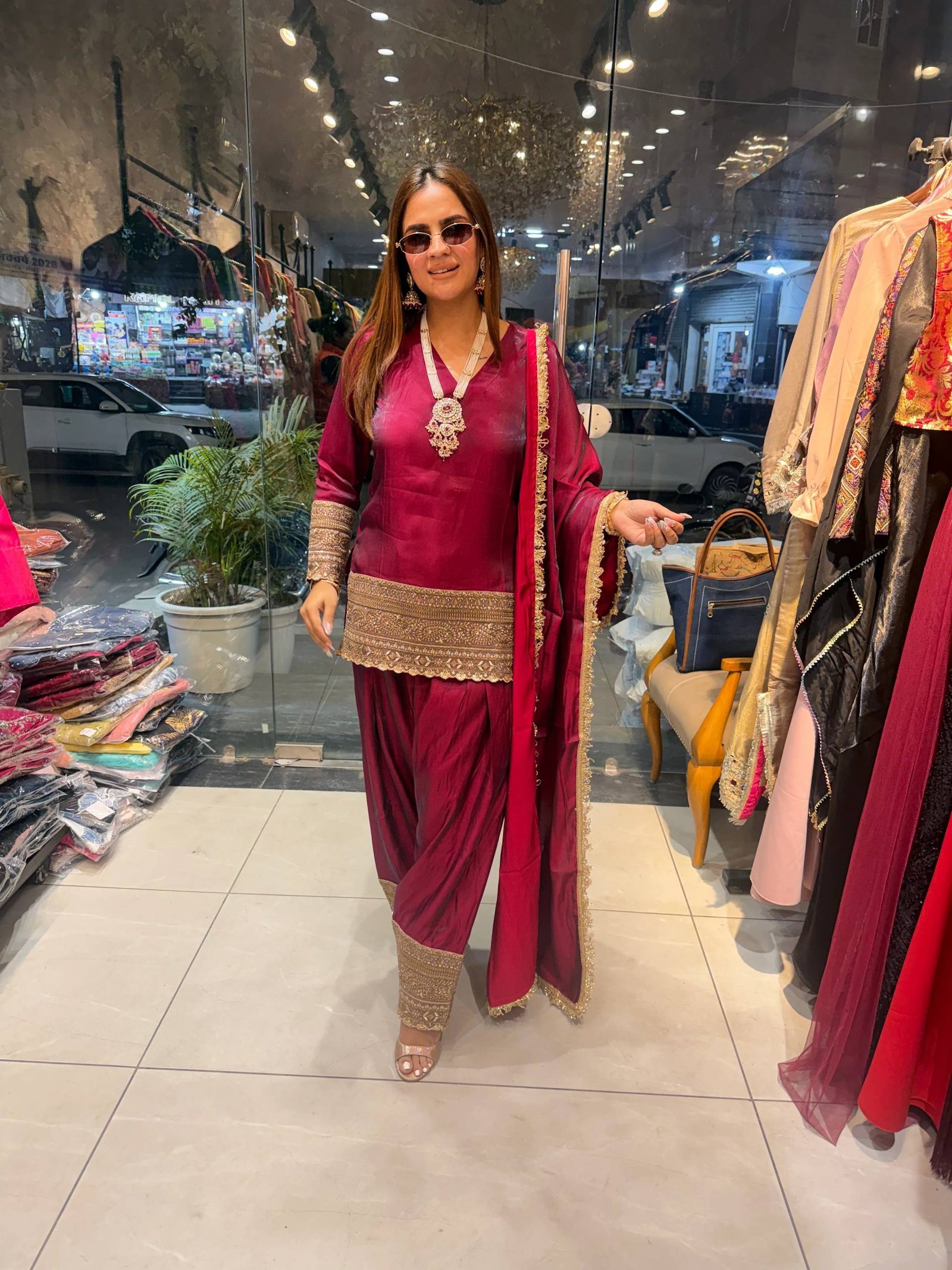 Deep Wine Embroidered Kurta Set with Patiala Pants and Dupatta - Image 4