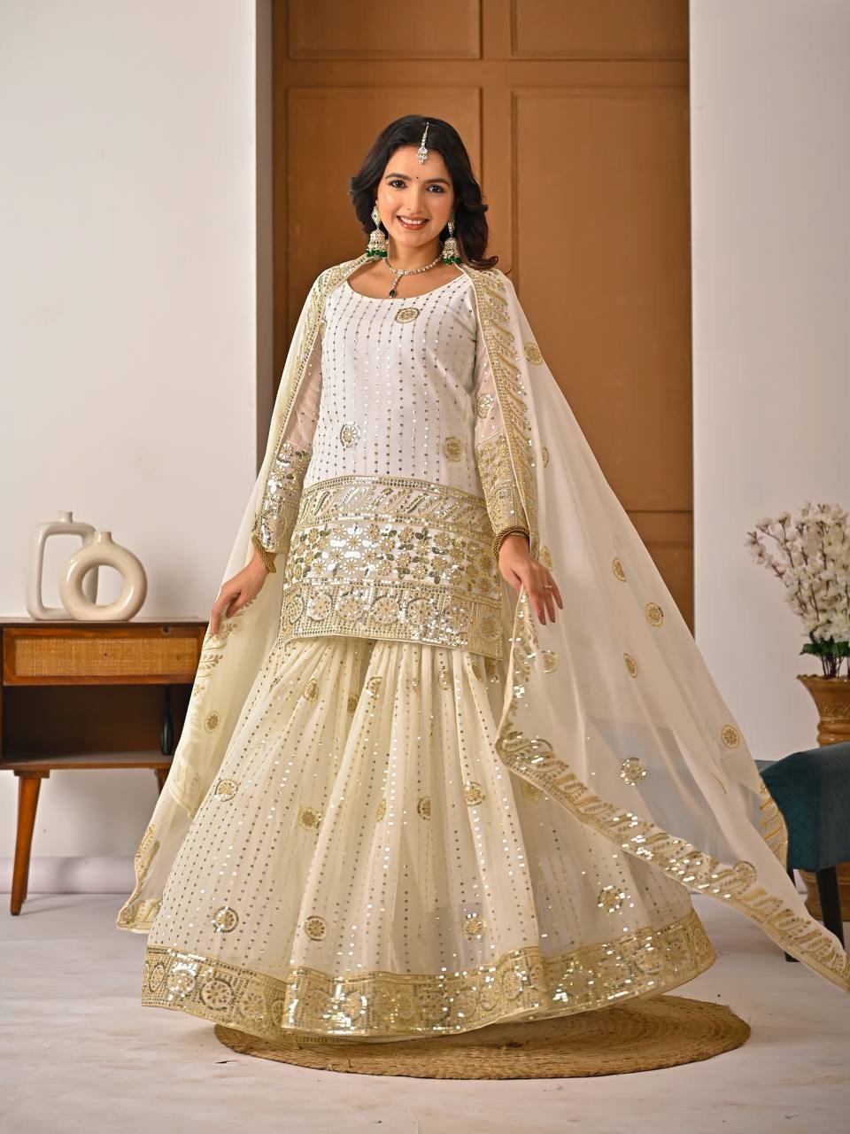 Ivory Embroidered Kurta with Flared Sharara and Dupatta Set - Image 3