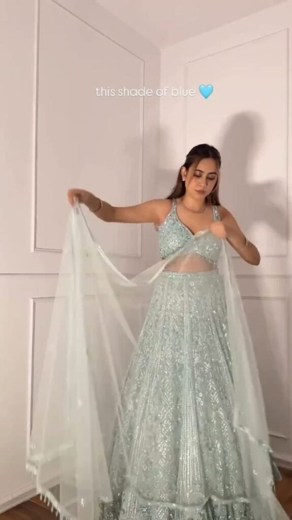 Sky Blue Sequins and Resham Embroidered Net Lehenga Choli Set - Photo 3